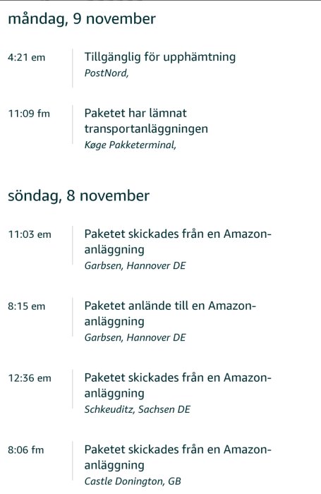 Skärmdump av spårningsinformation för ett paket som visar tidslinje för transport från Amazon-anläggningar till Postnord.