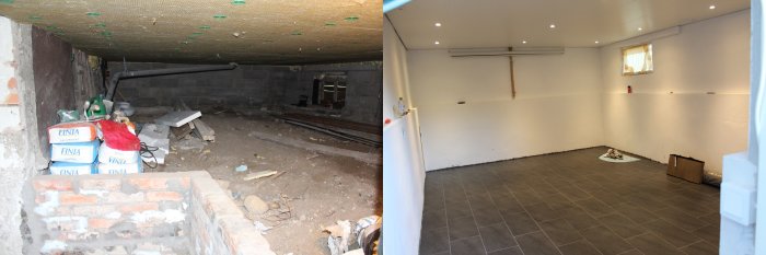 Före och efter bilder av en källarrenovering, först rörigt och ofärdigt, sedan ljust och med klinkergolv.