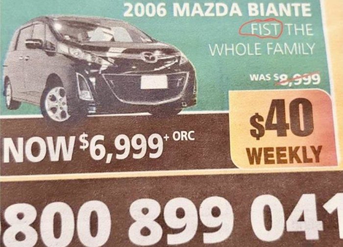 Reklam för en 2006 Mazda Biante med priset sänkt från $9,999 till $6,999, finansiering erbjuds till $40 per vecka.