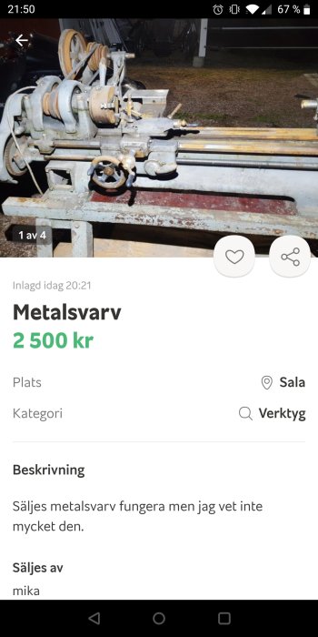 Begagnad metallsvarv till salu, komplett med svarvverktyg, remdrift och reglage.