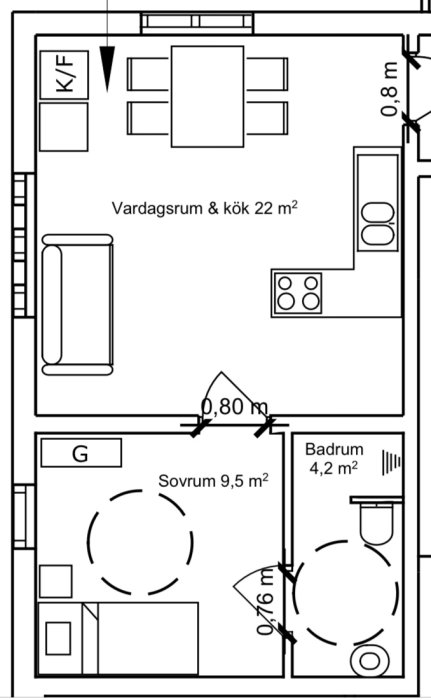 Planritning av en lägenhet med markerade rum som vardagsrum/kök, sovrum och badrum, med dimensioner och ventilationssymboler.