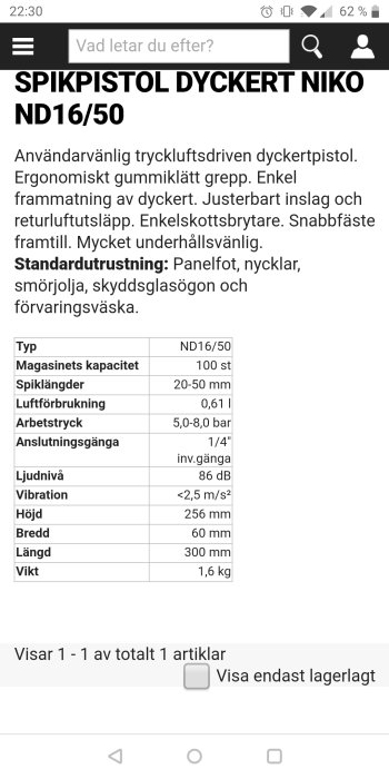 Skärmdump av produktsida för en spikpistol, med specifikationer och artikelinformation.