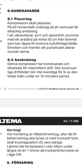 Skärmbild av en manual från Biltema som beskriver placering och användning av en kompressor, med fokus på intermittensregeln.