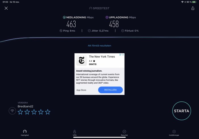 Skärmdump av internethastighetstest visar 463 Mbps nedladdning och 458 Mbps uppladdning.