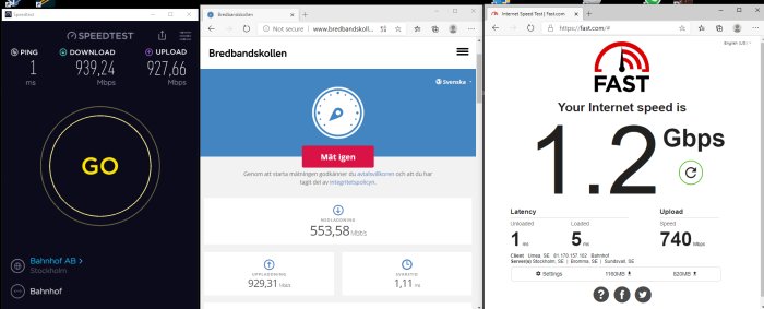 Skärmdumpar av tre olika internethastighetstester med varierande resultat på samma dator.