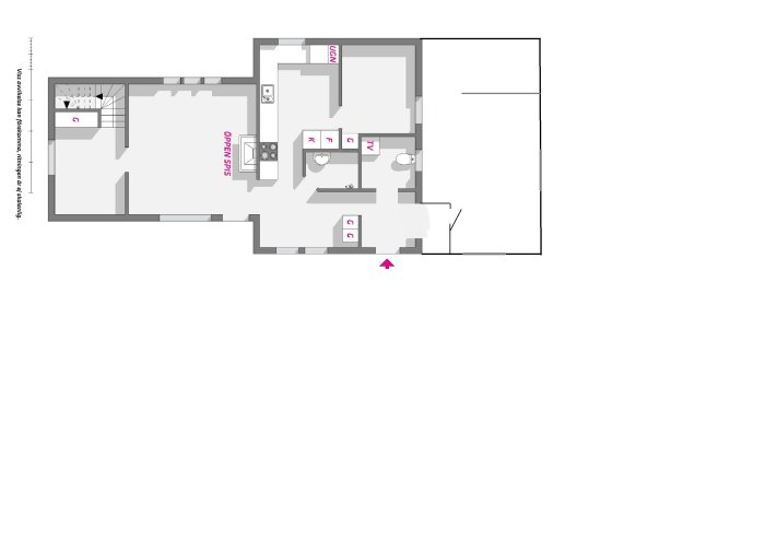 Arkitektritning av enplansvilla med tänkt planlösning för tillbyggnad.