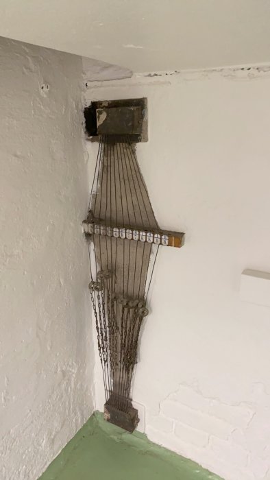 Gammalt, okänt objekt med kablar och kedjor på en källarvägg.
