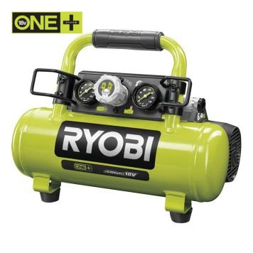 Gul Ryobi batterikompressor med mätare och handtag.