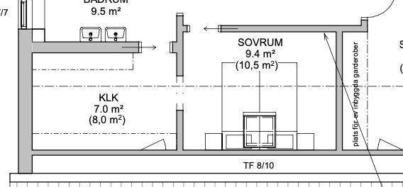 Ritning av en husplan med ett sovrum märkt 9.4 m² och ett inritat takfönster.
