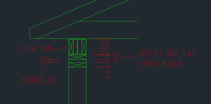 Ritning av konstruktionsdetalj med mått för reglar och balkar i ett byggprojekt.