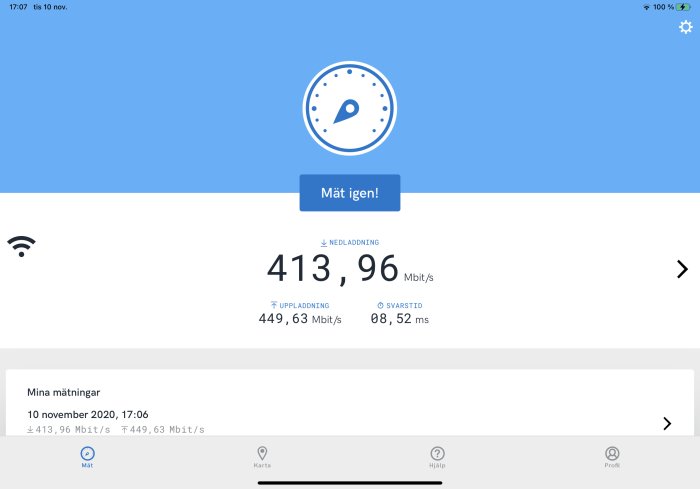 Skärmdump av hastighetstest resultat: 413,96 Mbit/s nedladdning, 449,63 Mbit/s uppladdning.