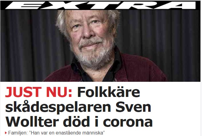 Porträtt av en äldre man med skägg, rubrik om skådespelarens bortgång.