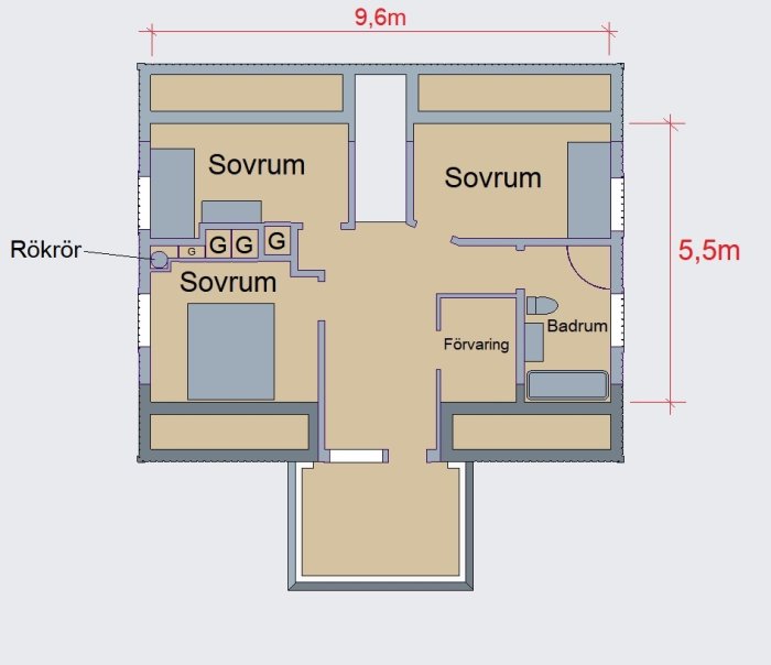 Arkitektritning av en våningsplanslayout med tre sovrum, badrum, förvaring och måttangivelser.