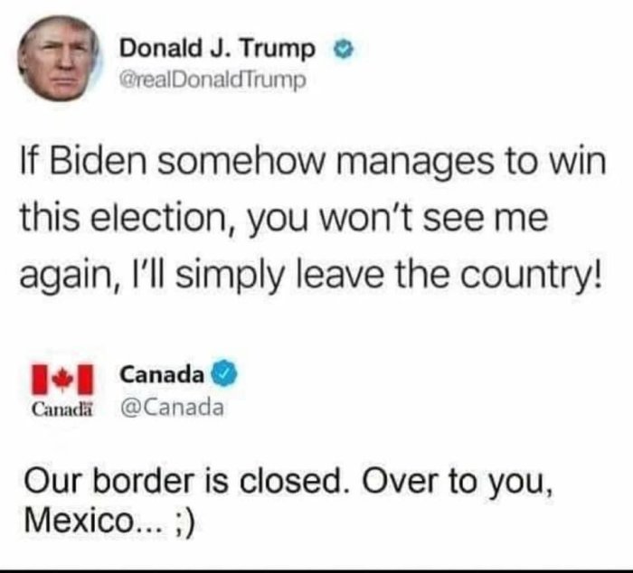 Skärmklipp av påstådda tweets från Donald Trump och Canada med politiskt skämt om gränsstängning.