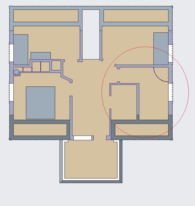 Planritning med två varianter av sovrumsväggar, garderober och möblering med förslag på badrumsplacering.