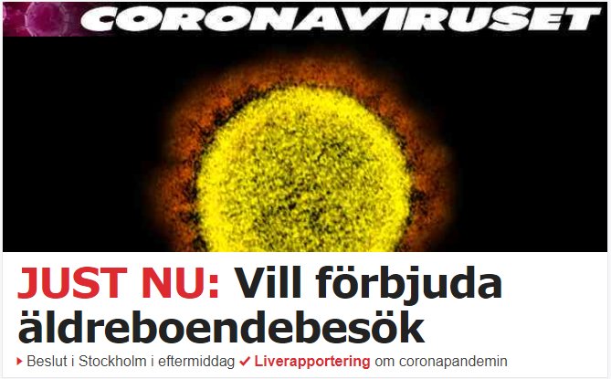 Illustration av coronaviruset med text "JUST NU: Vill förbjuda äldreboendebesök".