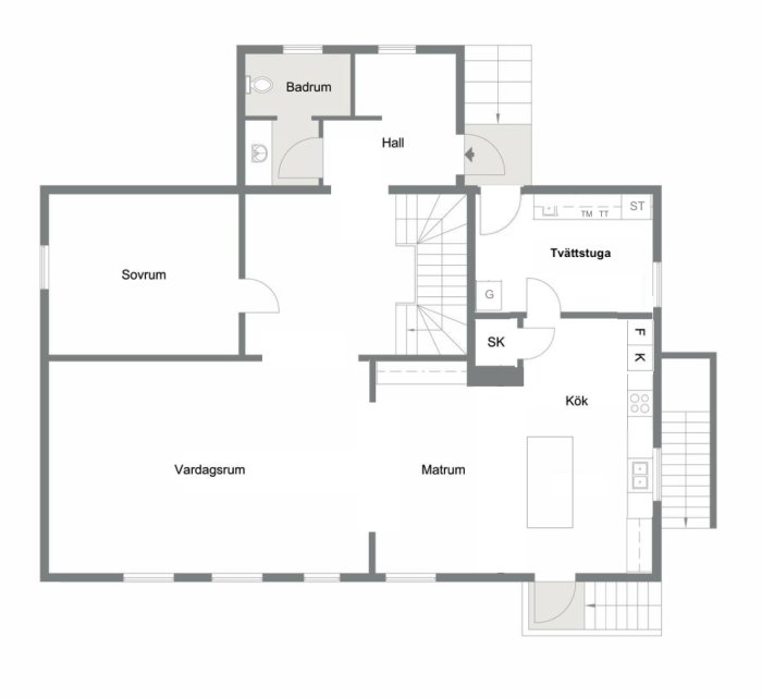 Ritning av en bostadsplanlösning med betecknade rum som kök, sovrum och badrum samt möjlig väggrivning.