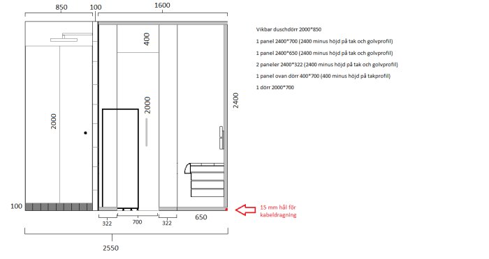 Ritning av badrum med planerad duschvägg och bastu, inkluderar mått och layout.