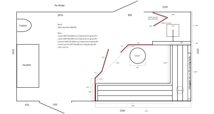 Ritning av ett badrum med planerad ny design inklusive dusch, dörr och bastu med måttangivelser.