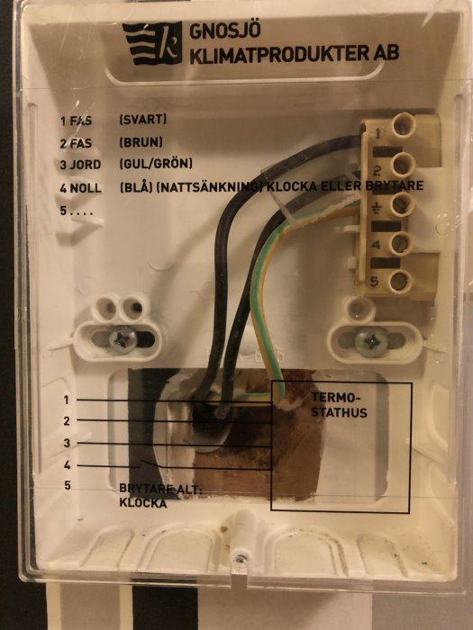 Kopplingsbox från Gnosjö Klimatprodukter med etiketterade terminaler och anslutna ledningar.