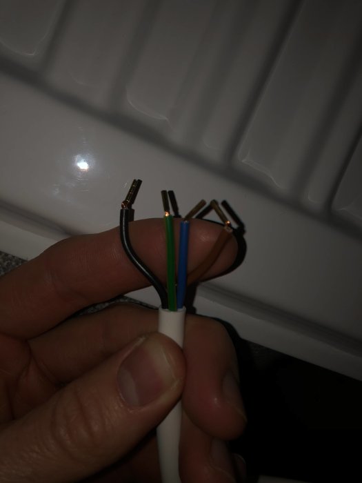 Hand håller en elektrisk kabel med avtäckt ände som visar fyra ledare: brun, svart, gul/grön och blå mot en vit bakgrund.