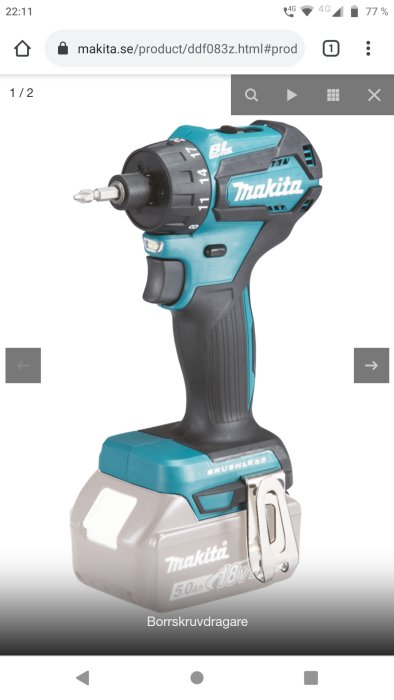 Makita borrskruvdragare modell DDF083Z, blå och svart, utan sladd med skruvbitsfäste.
