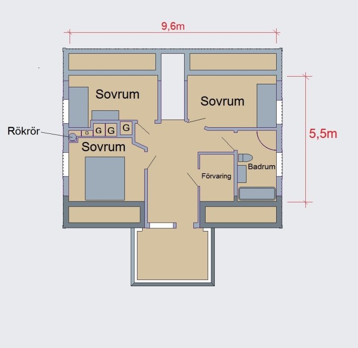 Illustration av planlösning med tre sovrum, badrum och förvaring, dörrriktningar och fönster indikeras.