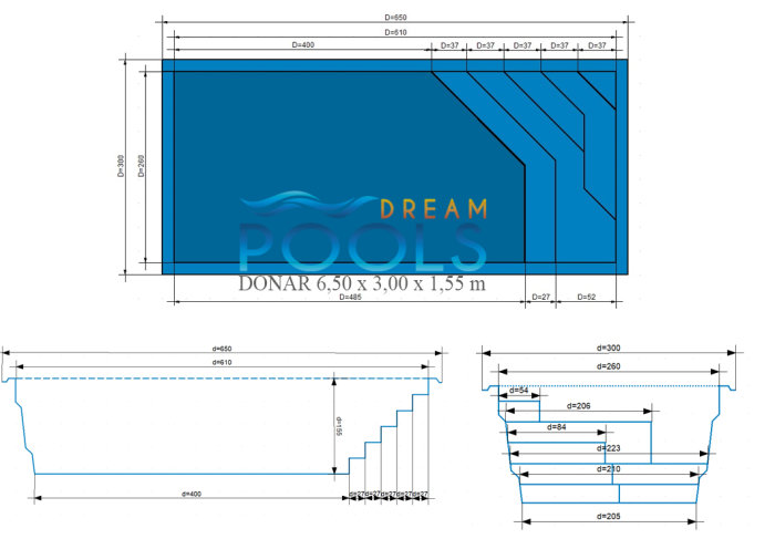 Teknisk ritning av en poolmodell "DONAR 6,50 x 3,00 x 1,55 m" med måttangivelser och detaljer för konstruktion.