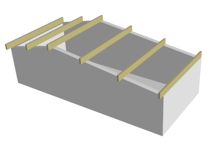 Illustration av takkonstruktion med bärlinor och bjälkar, potential för limträ och KL-trä användning.