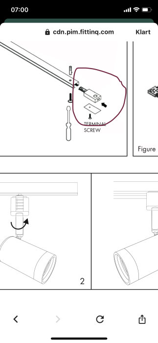 Illustration av en spotlightkomponents inkopplingsterminal med skruv underlättar installationsförståelse.