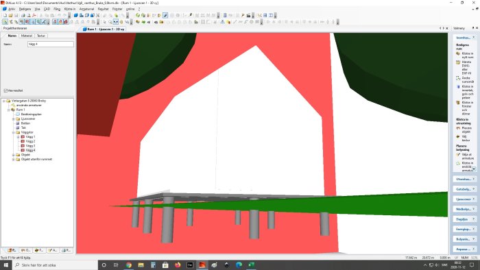 CAD-ritning av fundament till växthus med grå stolpar och svart markering av byggyta, utan plattor och kringvallar.