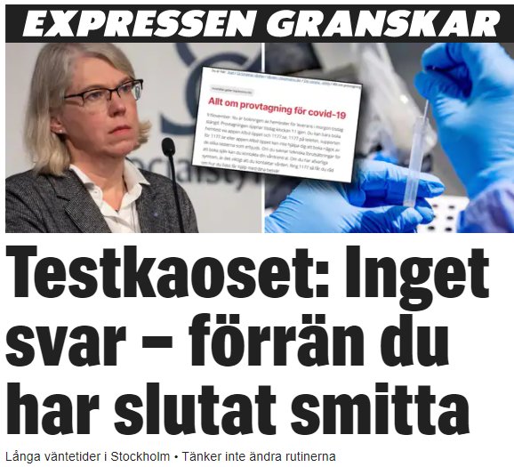 Artikelrubrik om testkaos för covid-19 med en bild på en bekymrad kvinna och ett förstorat provrör.
