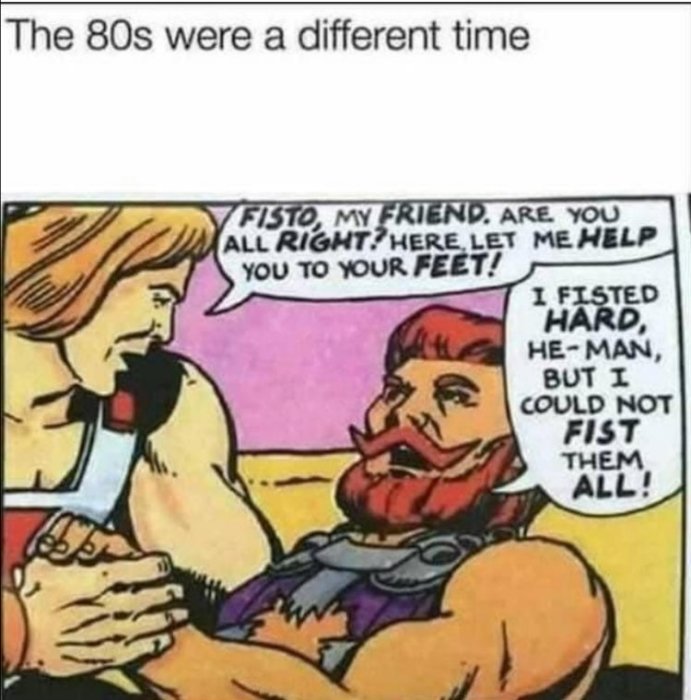 Tecknad bild från 80-talet med He-Man och en annan karaktär som pratar.