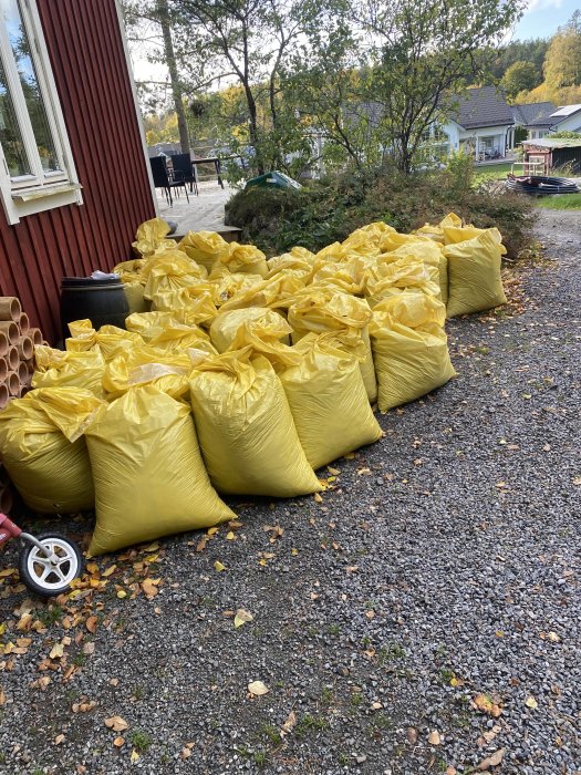 Gula säckar fyllda med rivningsavfall staplade utomhus vid en grusdrivväg, bredvid en röd husvägg.