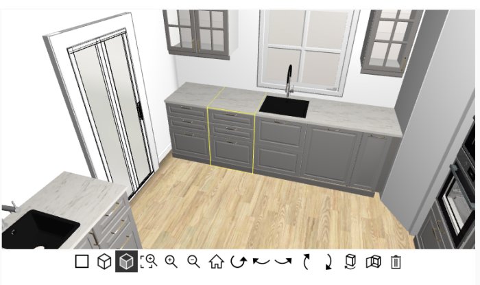 3D-planering av ett grått kök med diskbänk under fönster, inbyggd svart mikro och ugn, trägolv.