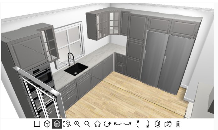 3D-rendering av ett kökslayoutförslag med grå skåp, svart diskho och inbyggd mikro och ugn.