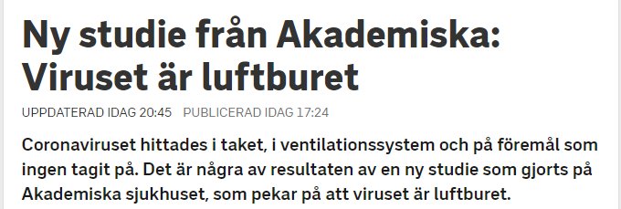 Skärmdump från nyhetsartikel med rubriken "Ny studie från Akademiska: Virus är luftburet".