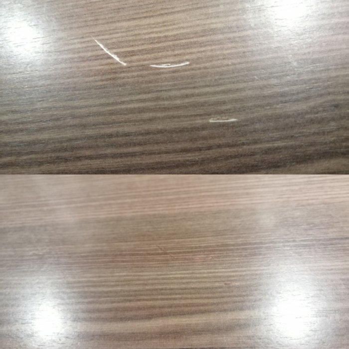 Före- och efterbild av träyta där repor har maskerats med olika nyanser av färg.