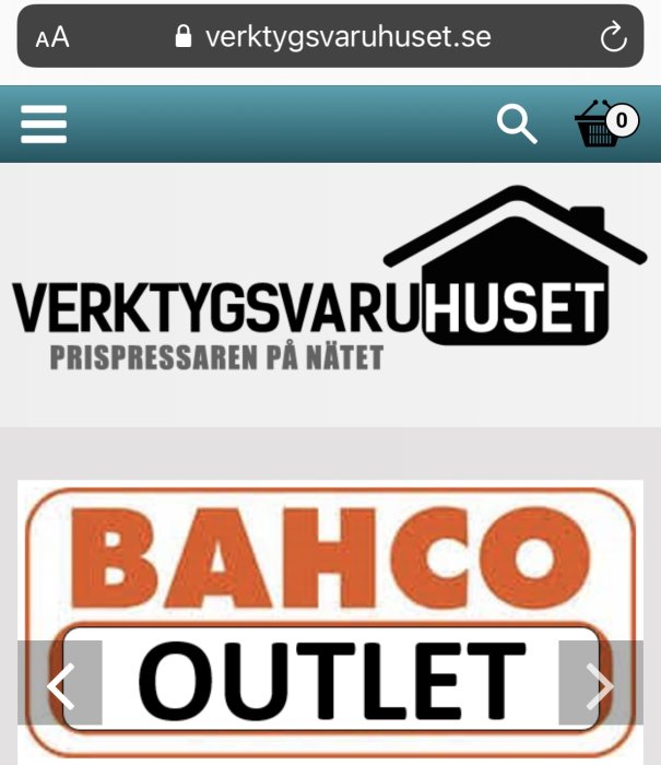 Skärmdump av Verktygsvaruhuset webbsida med Bahco Outlet annons.