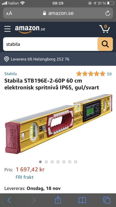 Gul och svart Stabila elektroniskt vattenpass på Amazon med pris och fri frakt information.