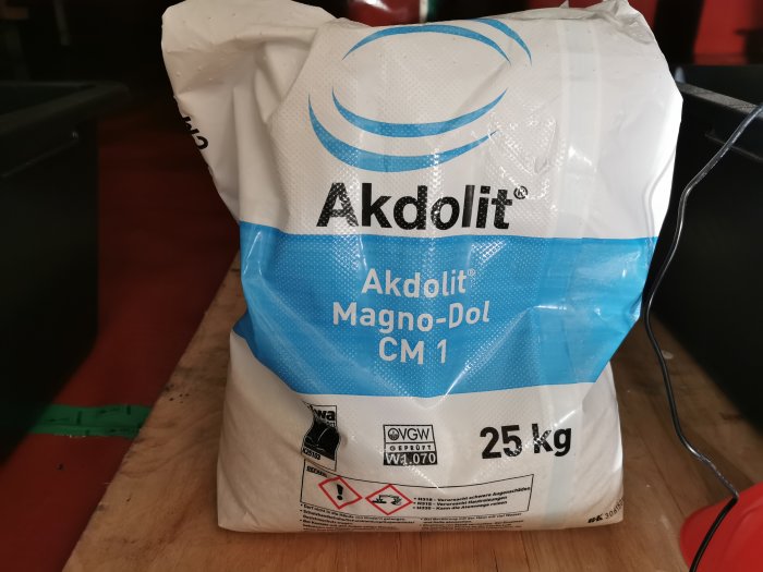 Förpackning av Akdolit Magnodol CM 1, 25 kg, använd för vattenbehandling.