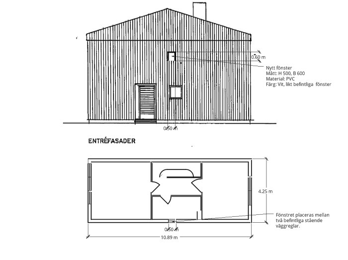 Bygglovsritning med måttangivelser för ett nytt fönster i husfasad.