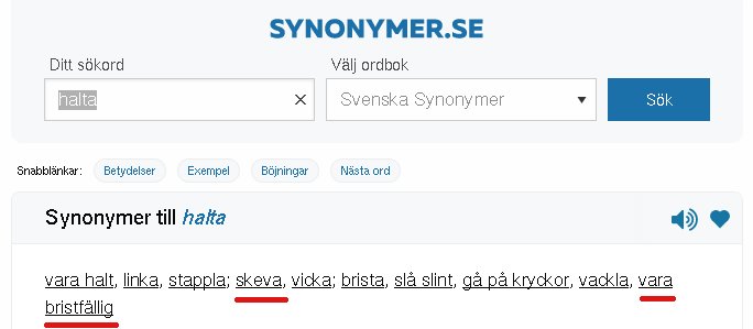 Skärmdump från Synonymer.se som visar synonymer till ordet "halta".