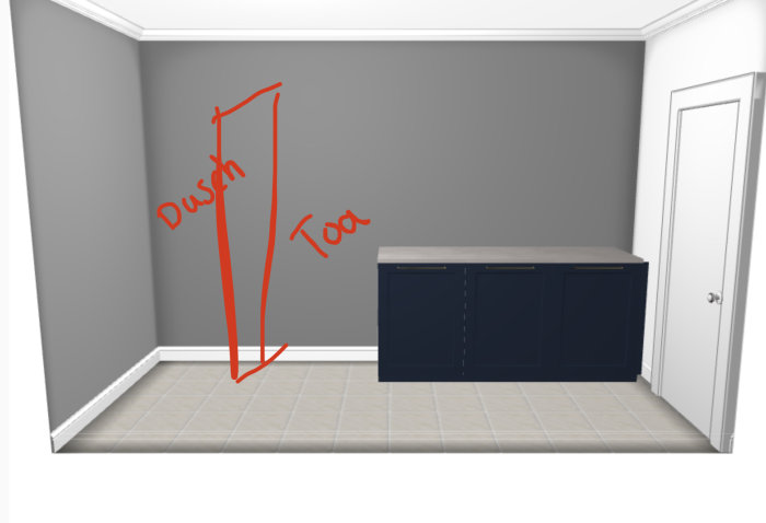 3D-modell av ett kök med grå väggar, vit dörr och blå skåp, med röda anteckningar som visar mått.