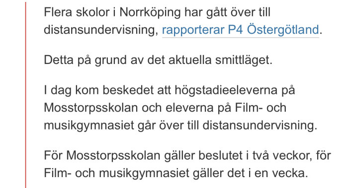 Skärmklipp av en nyhetsartikel om distansundervisning i skolor i Norrköping på grund av smittläget.