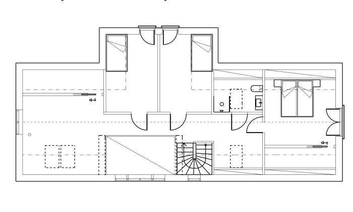 Arkitektonisk ritning av en husplan inklusive kök, badrum och hall-layout med markering av utskjutande del mot söder.