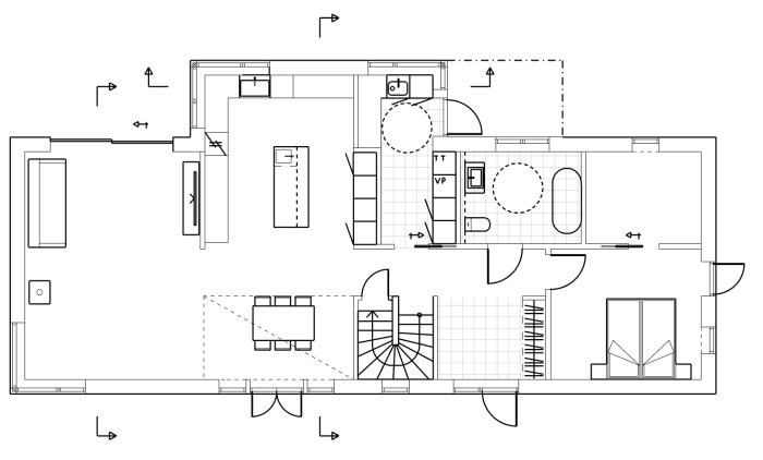 Arkitektonisk planritning av ett hus med markerade rum som kök, badrum och vardagsrum.