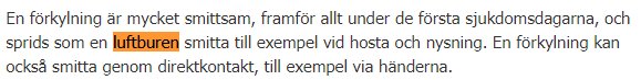 Text från Folkhälsomyndighetens webbsida som förklarar att förkylningar sprids som luftburen smitta.