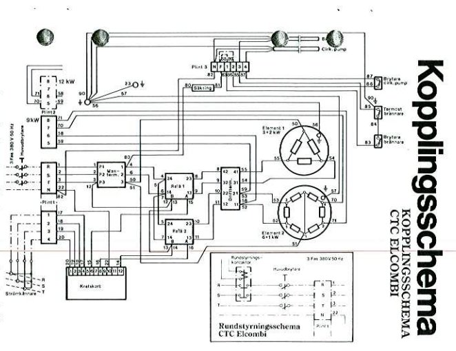 Elektriskt kopplingsschema för en CTC Elcombi med märkningar och ledningsvägar.