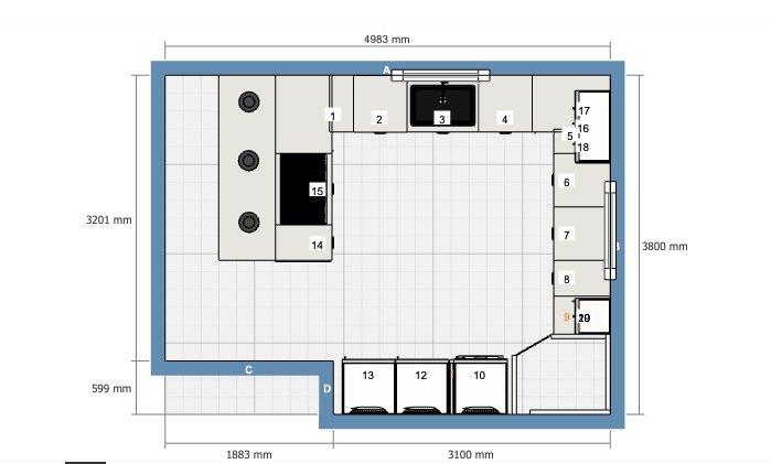 Planritning av ett kök utan altandörr med markerade vitrinskåp, köksö, och plats för integrerad fläktkåpa.